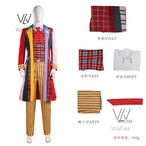 Doctor Colin Baker Cosplay Who Doctor   Long Coat Plaid Vest Pant Suit Costume Fancy Halloween Uniform Outfits S-XXXL