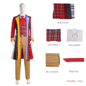 Doctor Colin Baker Cosplay Who Doctor   Long Coat Plaid Vest Pant Suit Costume Fancy Halloween Uniform Outfits S-XXXL