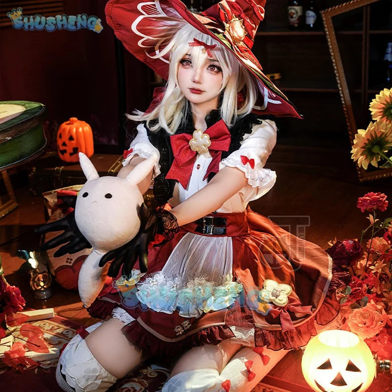 Game Genshin Impact Klee Cosplay Costume Wome Cute Witch Dress With Hat Anime Clothing Halloween Carnival Uniforms Custom Made