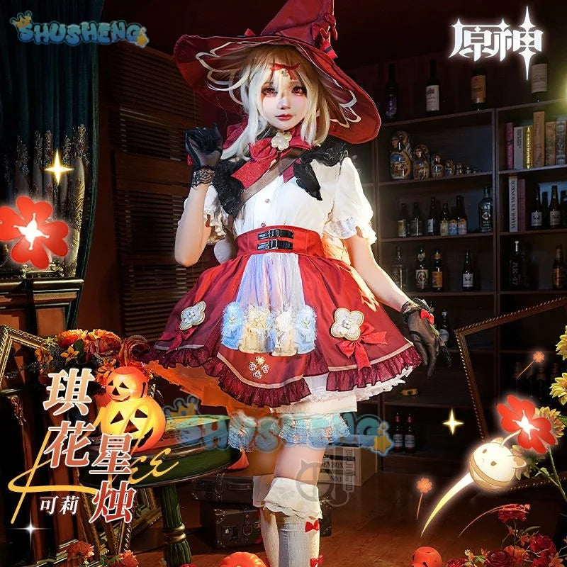 Spiel Genshin Impact Klee Cosplay Kostüm Wome Süßes Hexenkleid mit Hut Anime Kleidung Halloween Karneval Uniformen Nach Maß 