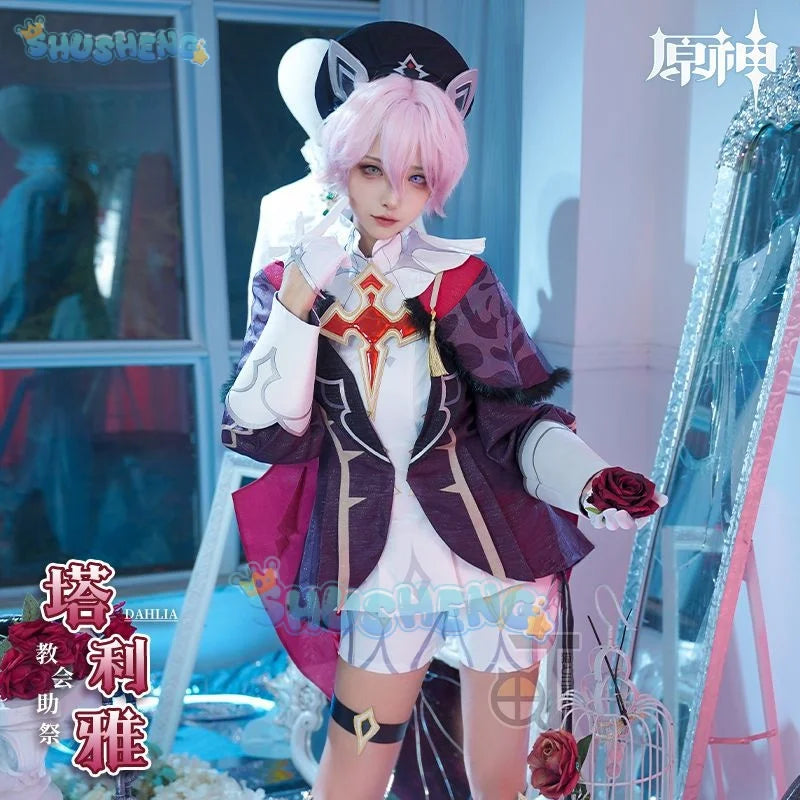 Genshin Impact Dahlia Cosplay Costume Cap Uniform Shorts Gloves Stockings Vampire Heterochromia Boy Fontaine Moon City