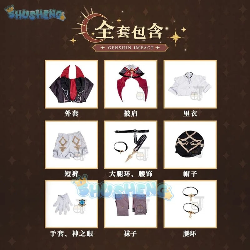 Genshin Impact Dahlia Cosplay Costume Cap Uniform Shorts Gloves Stockings Vampire Heterochromia Boy Fontaine Moon City