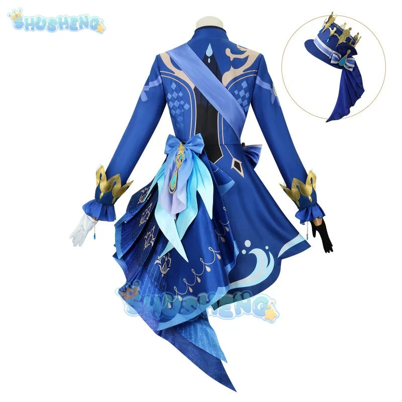 Genshin Impact Fontaine Charakter Focalors Cosplay Kostüm Komplettset mit Hut Gemusterte Stoffe Focalors Uniform 