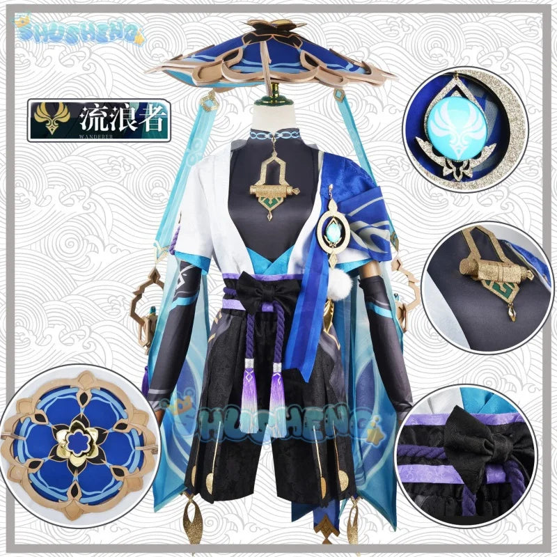 Genshin Impact Kunikuzushi Wanderer Cosplay-Kostüm und Wanderer-Perücke, Wanderer-Schuh 