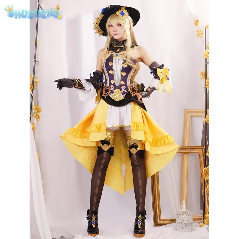 Genshin Impact Navia Cosplay Kostüm Perücke Hut Set Frauen Kleid Uniform Halloween Party für Mädchen 