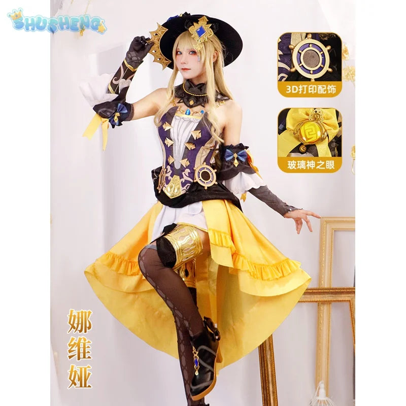 Genshin Impact Navia Cosplay Costume Wig Hat Set Women Dress Uniform Halloween Party for Girls