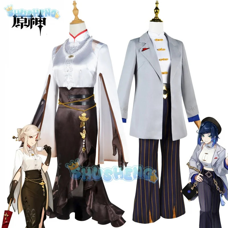 Genshin Impact Ningguang Yelan Cosplay Pizza Hut Kostüm Perücke Cosplay Anime Spiel Dienstmädchen Uniform Komplettset Halloween Kostüm 