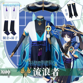 Genshin Impact Wanderer Scaramouche Cosplay Costume Set and Bamboo hat