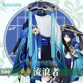 Genshin Impact Wanderer Scaramouche Cosplay Costume Set and Bamboo hat