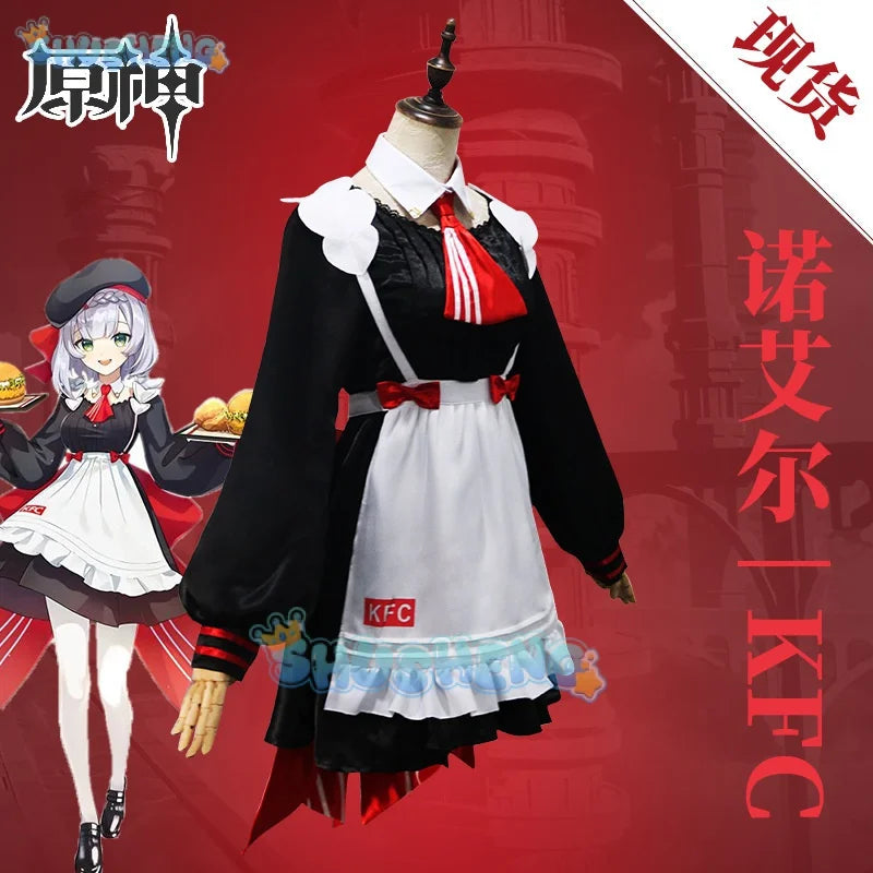 Genshin Impact x KFC Noelle Cosplay-Kostüm für Damen, Dienstmädchen-Lolita-Kleid mit Hut, Halloween-Karnevals-Outfit 