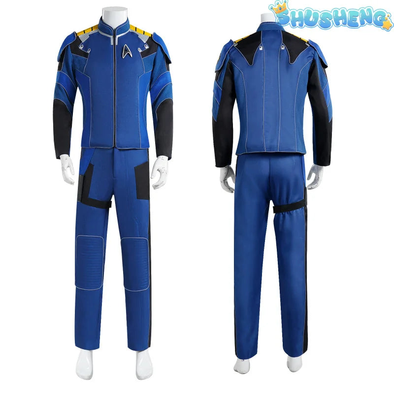 Movie Star Cosplay James Tiberius Captain Costume Kirk Trek Men's Blue Jacket Pants Uniform with Shoes Halloween Outfit