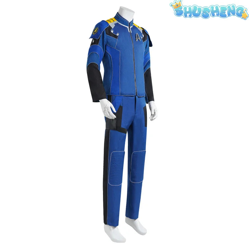 Movie Star Cosplay James Tiberius Captain Costume Kirk Trek Men's Blue Jacket Pants Uniform with Shoes Halloween Outfit