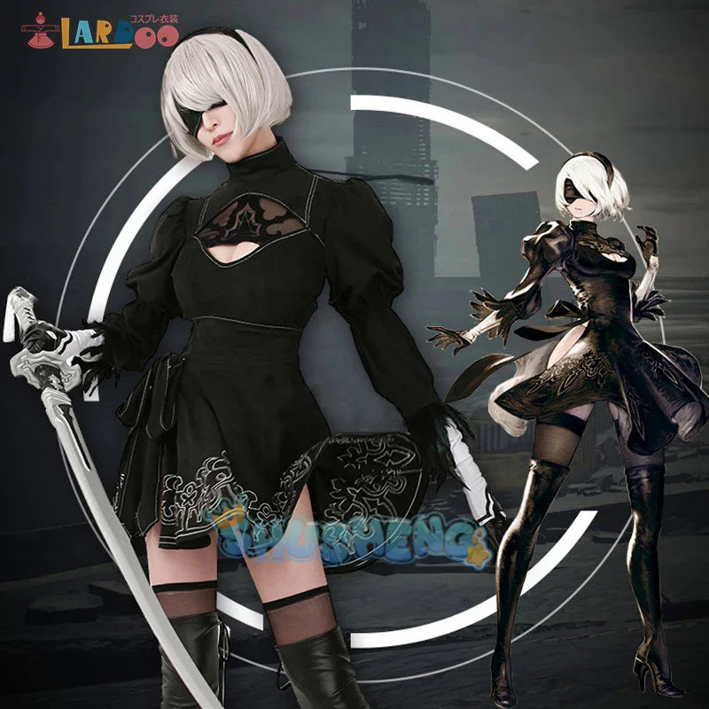 Nier Automata Yorha 2B Cosplay-Anzug, Anime-Kostüm für Frauen, Kostümset, ausgefallenes Halloween-Mädchen-Party, schwarzes Kleid 