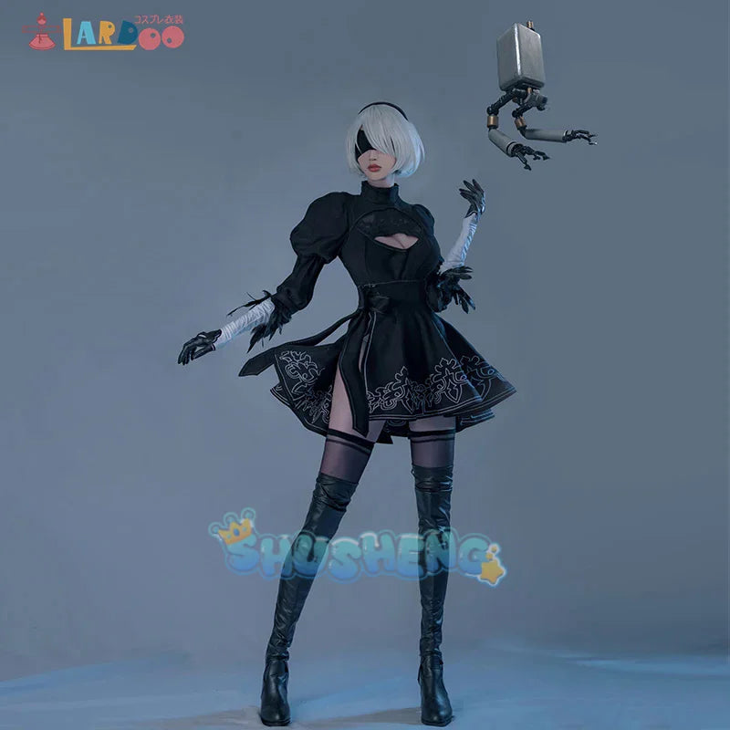 Nier Automata Yorha 2B Cosplay-Anzug, Anime-Kostüm für Frauen, Kostümset, ausgefallenes Halloween-Mädchen-Party, schwarzes Kleid 