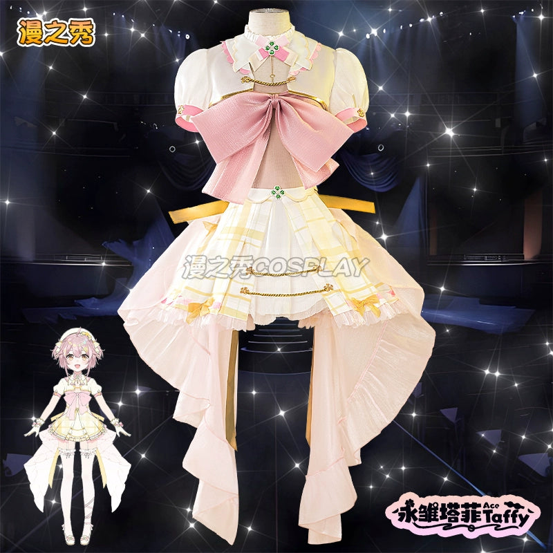 Cosplay Game VTuber Ace Taffy Cosplay Costume Wig YouTuber Ace Taffy Pink Dress Headwear Gloves Stockings Set Convention Event