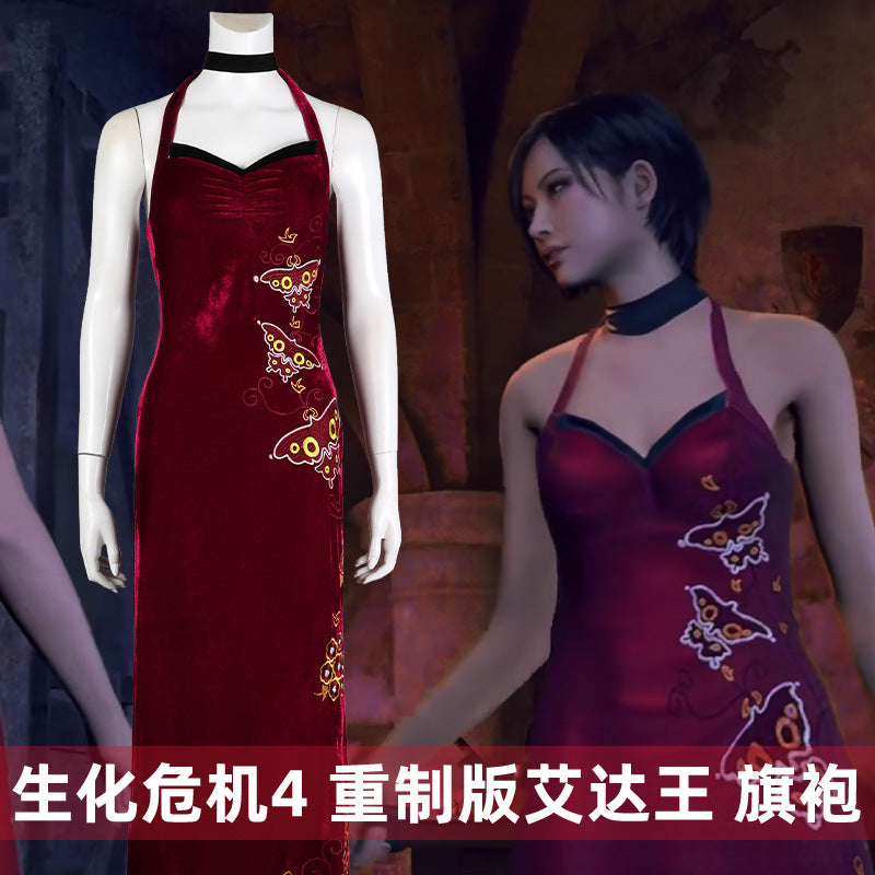 Ada Wong Cosplay Costume Embroidered Cheongsam Shoes Full Set Clothing Game Sexy Red Dress Women Christmas Halloween Party Suit