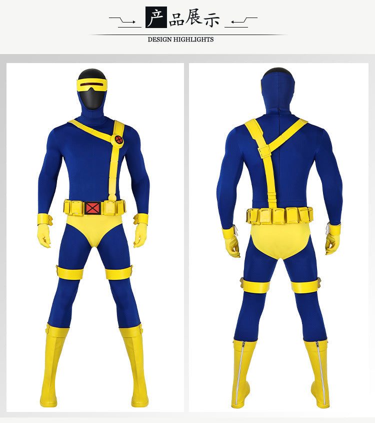 Superhero X MEM 97 Cyclops Cosplay Jumpsuit and Mask Scott Summers Costume Set Bodysuits Halloween Party Roleplay Zentai Suit