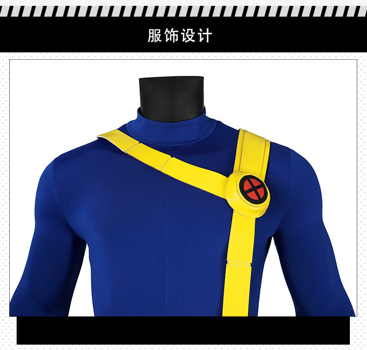 Superhero X MEM 97 Cyclops Cosplay Jumpsuit and Mask Scott Summers Costume Set Bodysuits Halloween Party Roleplay Zentai Suit