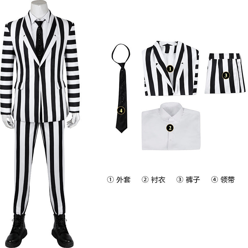 Beetlejuice Adam Cosplay Costume Men Black and White Striped Suit Jacket Shirt Pants Outfits Halloween Carnival