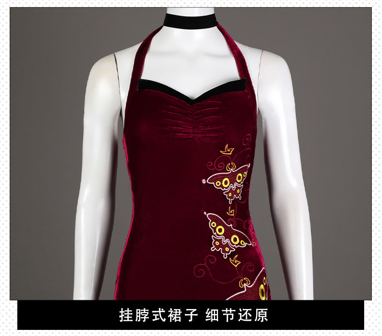 Ada Wong Cosplay Costume Embroidered Cheongsam Shoes Full Set Clothing Game Sexy Red Dress Women Christmas Halloween Party Suit