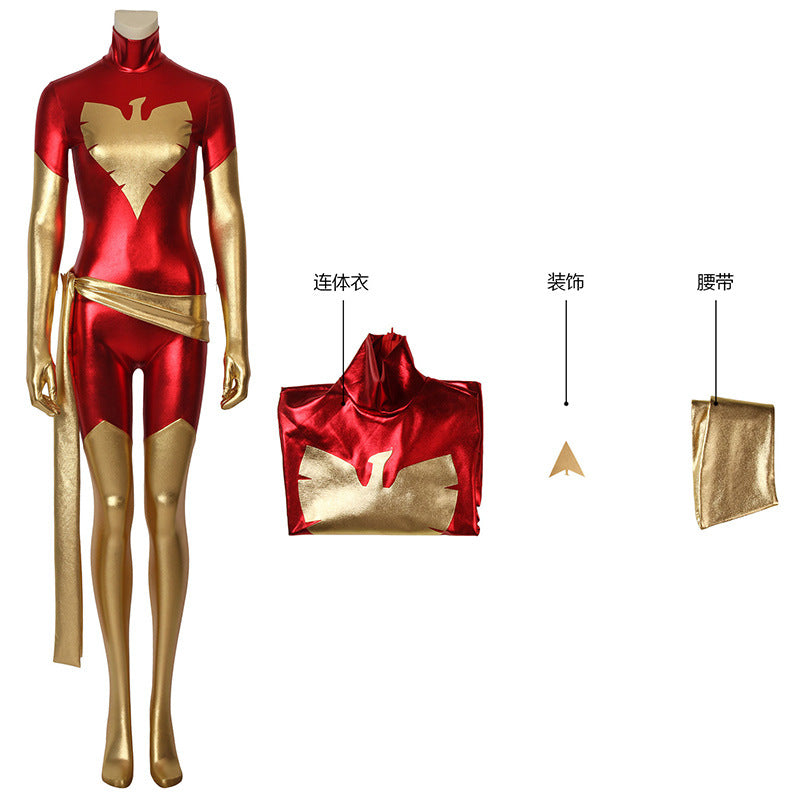 New X-men red dark Phoenix Costume Shiny metallic full body Superhero Jean Grey Costume halloween Cosplay Costume free shipping