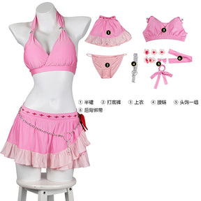 Game FF VII Aerith Gainsborough Cosplay Costume Pink Swimsuit Aerith Gainsborough Sexy Halter Neck Swimsuit 3-piece Set