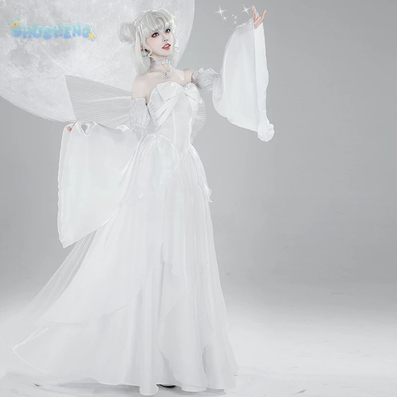 Sailor Tsukino Usagi Moon Cosplay Costume White Moon Dress Wings Bow Sleeves Set Wig For Christmas Halloween Game Party