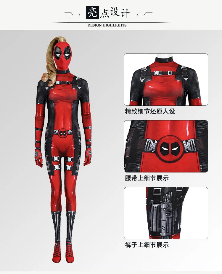 New Deadpool 3 Lady Cosplay Cosutme Wade Winston Wilson Jumpsuit Headgear Suit Halloween Women's Version Upgraded version