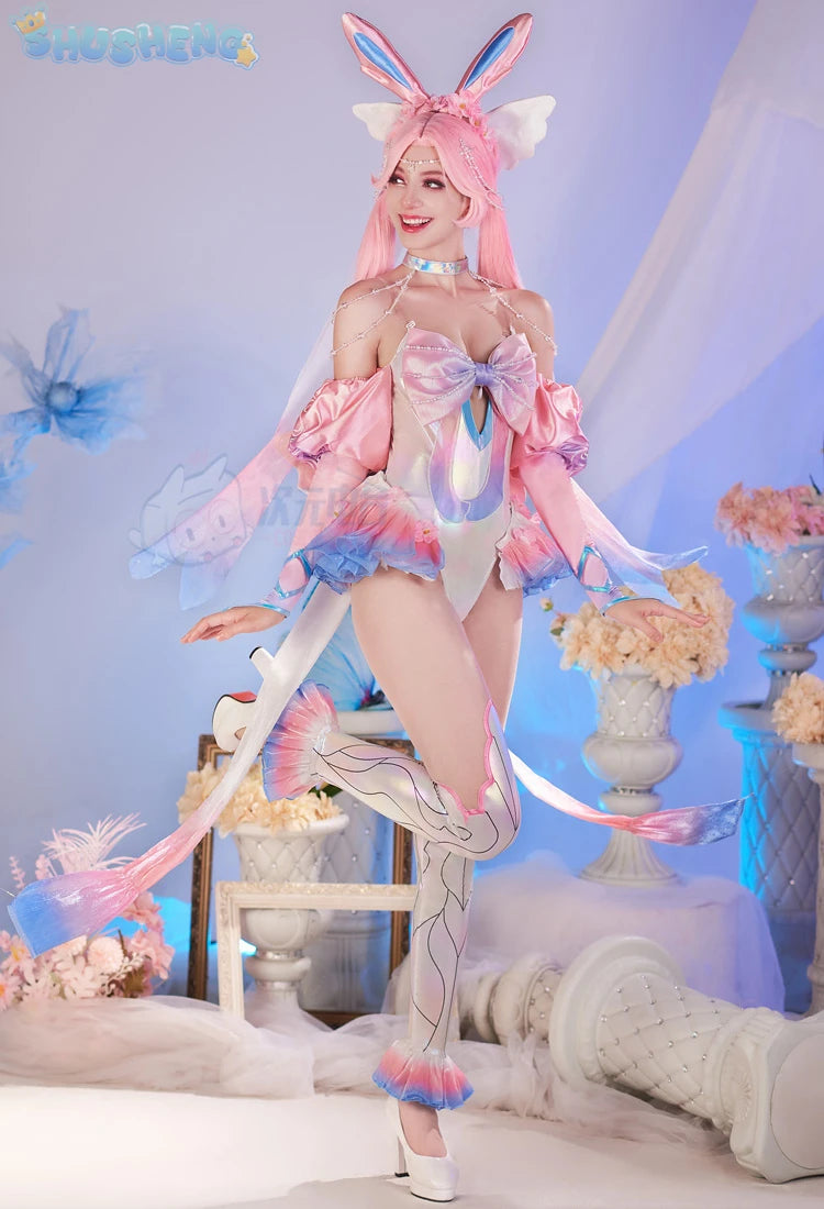 Anime Sylveon Cosplay 2024 Latest Costume Wings wig headband pink sexy dress girl Halloween party set