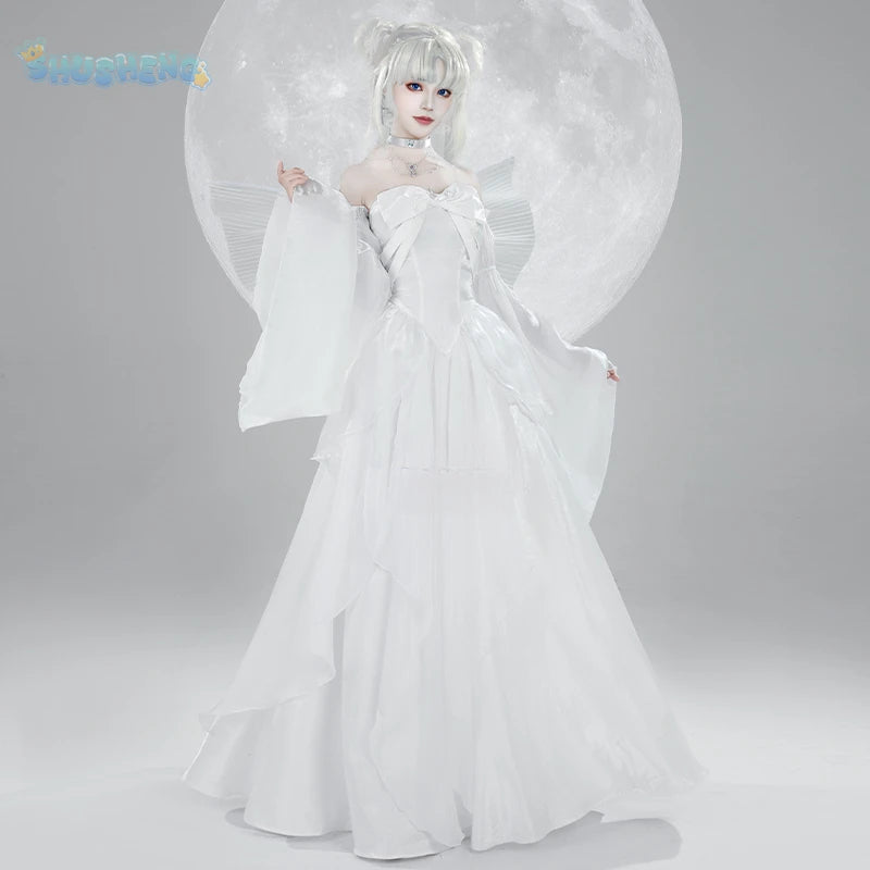 Sailor Tsukino Usagi Moon Cosplay Costume White Moon Dress Wings Bow Sleeves Set Wig For Christmas Halloween Game Party