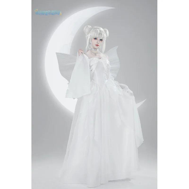 Sailor Tsukino Usagi Moon Cosplay Costume White Moon Dress Wings Bow Sleeves Set Wig For Christmas Halloween Game Party