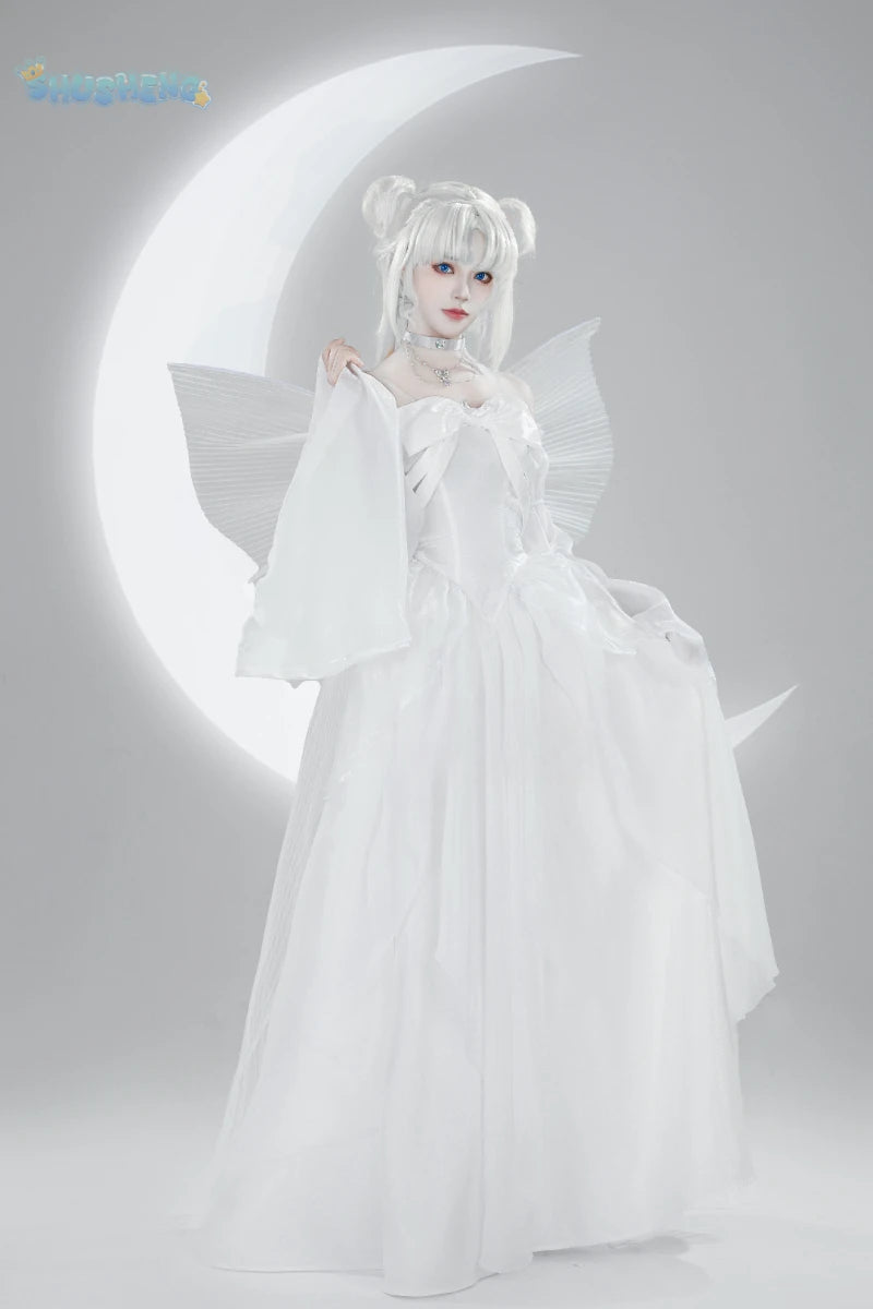 Sailor Tsukino Usagi Moon Cosplay Costume White Moon Dress Wings Bow Sleeves Set Wig For Christmas Halloween Game Party