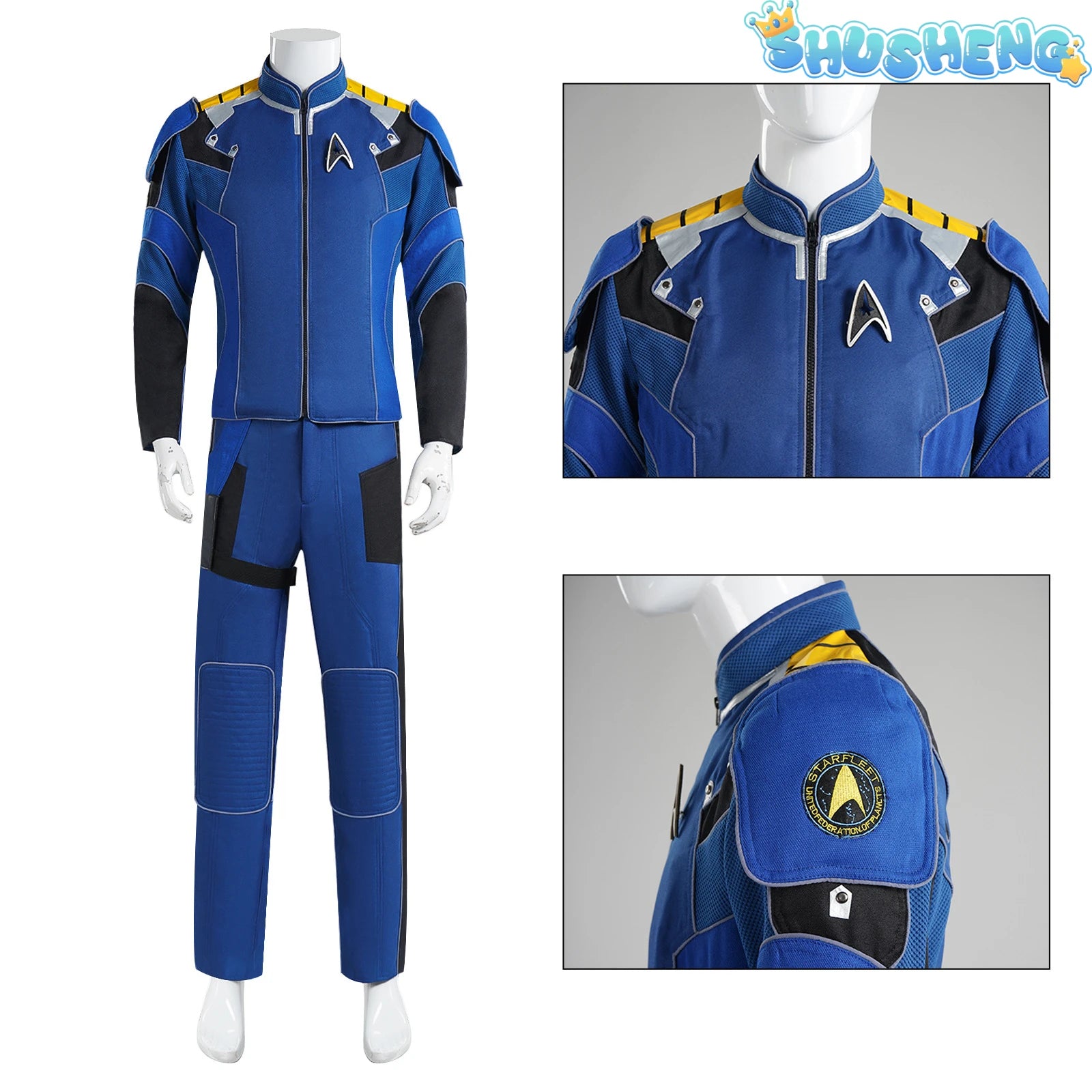 Movie Star Cosplay James Tiberius Captain Costume Kirk Trek Men's Blue Jacket Pants Uniform with Shoes Halloween Outfit