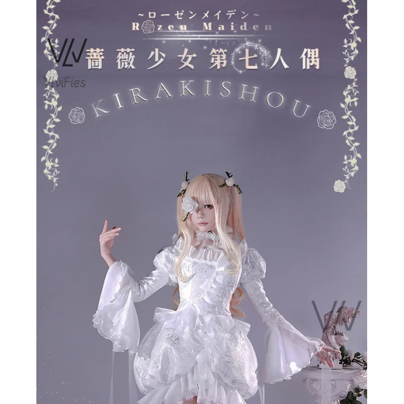 Kirakishou Cosplay Costume Wigs Anime Roses Maiden Cosplay Women Kirakishou Cosplay Lolita Gothic Dress White Lolita Dress Boots