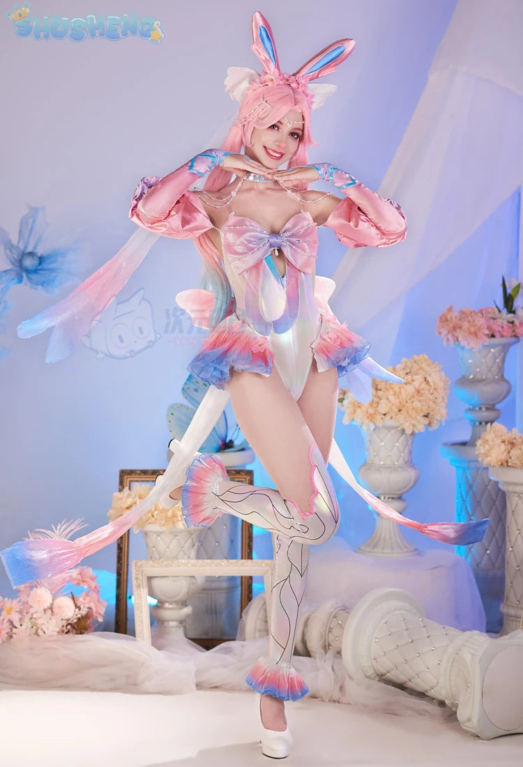 Anime Sylveon Cosplay 2024 Latest Costume Wings wig headband pink sexy dress girl Halloween party set