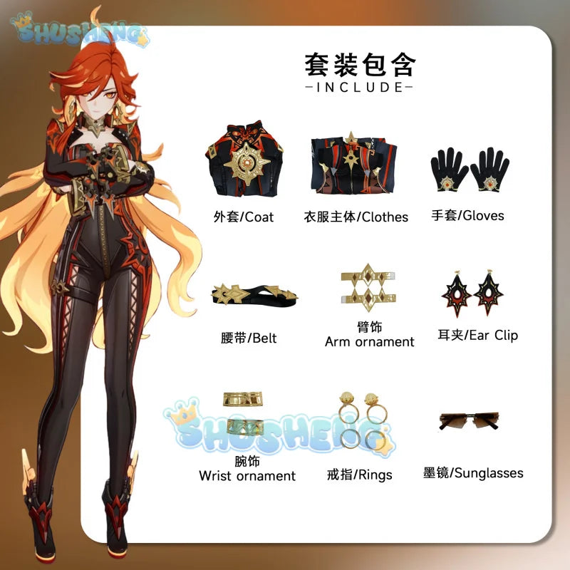 Shusheng Genshin Impact Mavuika Pyro Archon Game Suit Gorgeous Jumpsuits Uniform Cosplay Costume Halloween Party Outfit Women