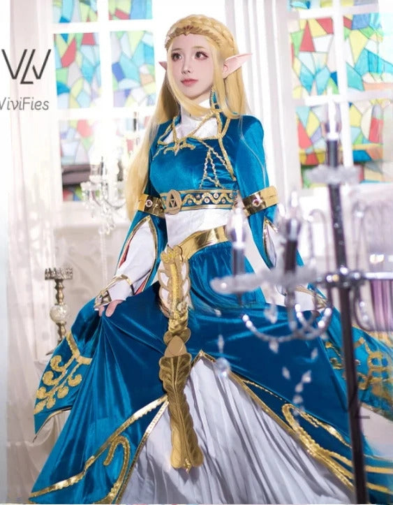 Blue velvet princess dress Zelda cosplay costume woman top skirt outfit full set and wig are sold custom size