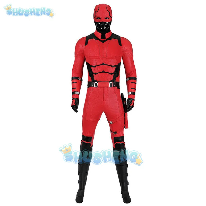 Daredevil Cosplay Costume Matt Murdock Red Leather Battle Suit Jumpsuit Belt Gloves Fullset Outfit Halloween Carnival Party Suit