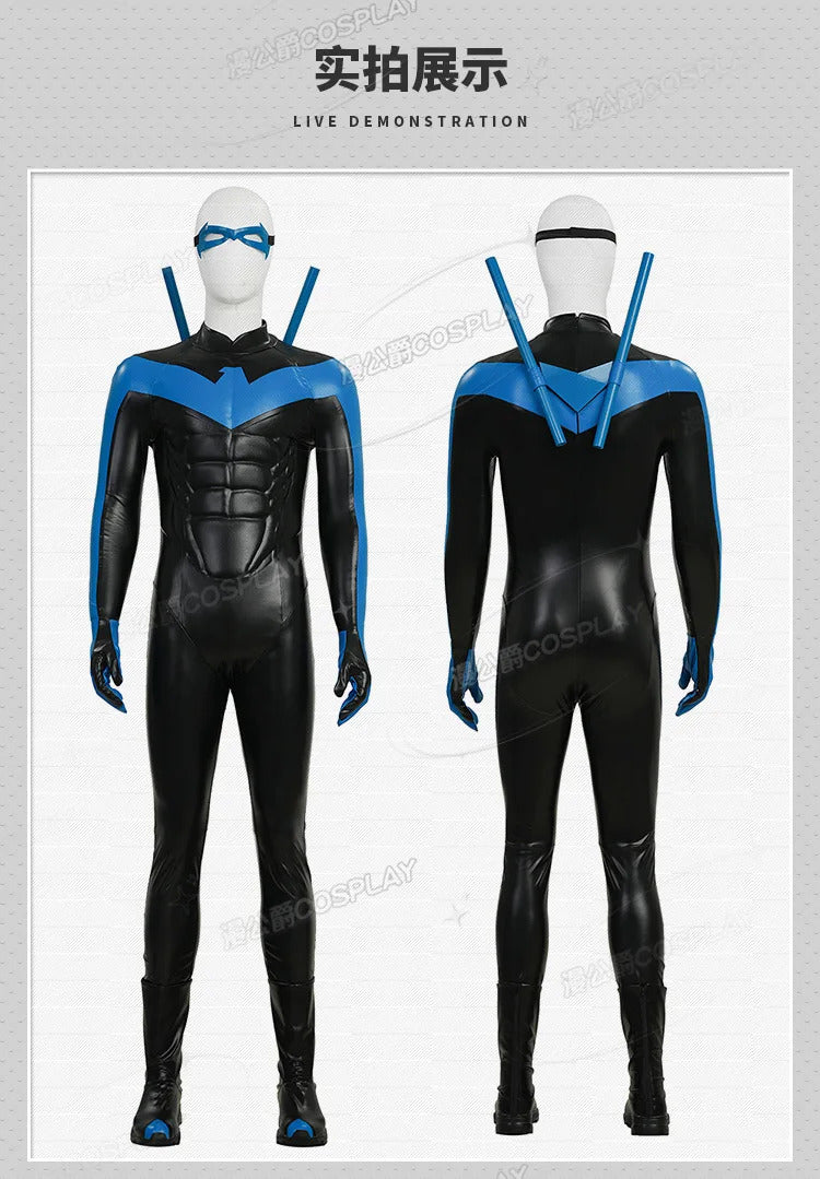 Shusheng-R Nightwing Dick Grayson Cosplay Costume 3D Jumpsuit Catsuit Zentai Man Halloween Party Bodysuit Shoes