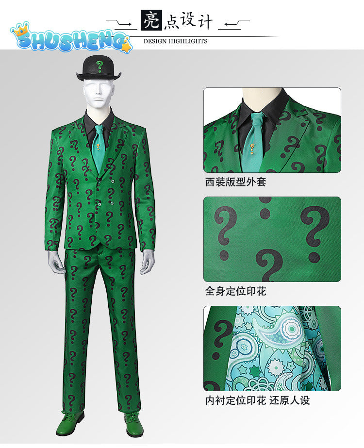 Men Riddler Cosplay Fantasy Movie Super Villain Costume Disguise Adult Boys Roleplay Fantasia Outfits Halloween Male Suits