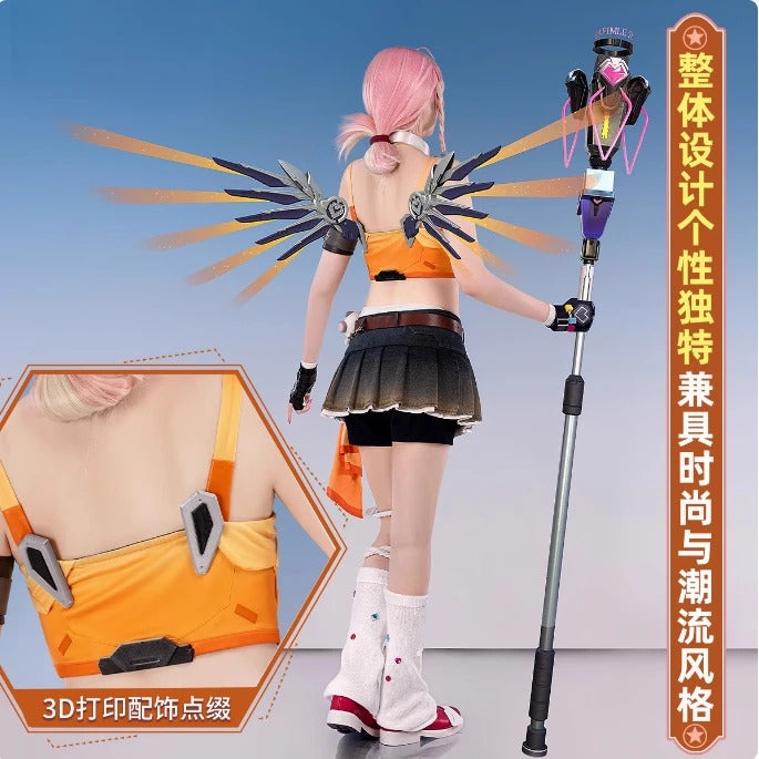 Overwatch Mercy Angela Ziegler Cosplay Linkage girl grou Costume Halloween Party Sweet Women Uniform Wig Props Accessories Set