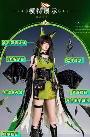 Arknights Mon3tr Cosplay Costume M3 Uniform Black Green Outfit Headwear Rhodes Island Halloween Party for Women Girls Props