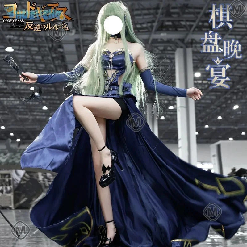 C.C. CODE GEASS Lelouch of the Rebellion Cosplay Chessboard Banquet costume Women's Halloween sexy long dress prop necklace set
