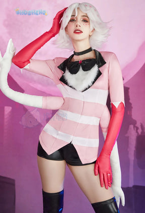 Angel Dust Cosplay Fantasy Wigs Cartoon Hell Inn Disguise Costume Gloves Bow Tie Pink Outfit Women Halloween Roleplay