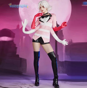 Angel Dust Cosplay Fantasy Wigs Cartoon Hell Inn Disguise Costume Gloves Bow Tie Pink Outfit Women Halloween Roleplay