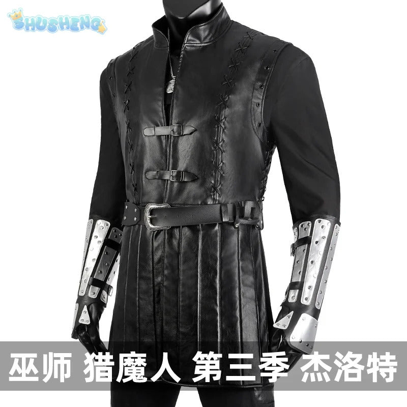 Geralt Witcher 3 Wild Hunt Cosplay Geralt Costume Men Handsome Black Leather Coat Belt Gloves Party Halloween Uniform Full Set