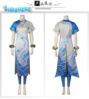 Chun Li Street Fighter 6 Cosplay Costume Blue Chun Li Dress with Accessories Full Set and Individual Items Are Sold