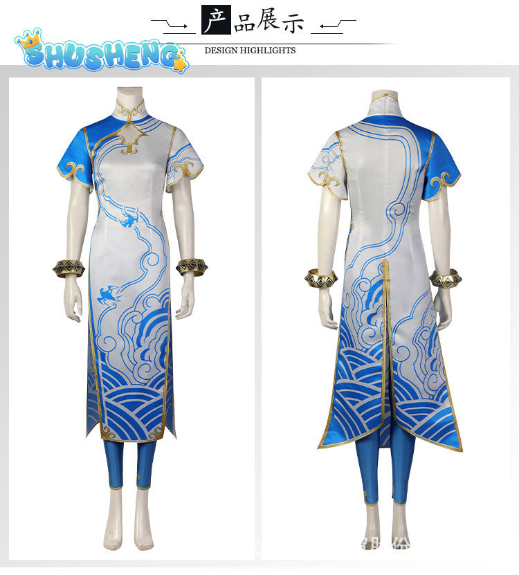 Chun Li Street Fighter 6 Cosplay Costume Blue Chun Li Dress with Accessories Full Set and Individual Items Are Sold