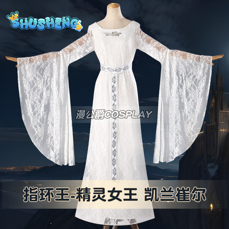 Movie Galadriel Cosplay Costume Women's White Dress Halloween Elf Cosplay Queen Outfit