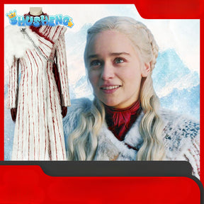 TV series Season 8 Daenerys Cosplay Targaryen Costume Women's Long Sleeves Dress with Brooch Halloween Carnival Party Outfit